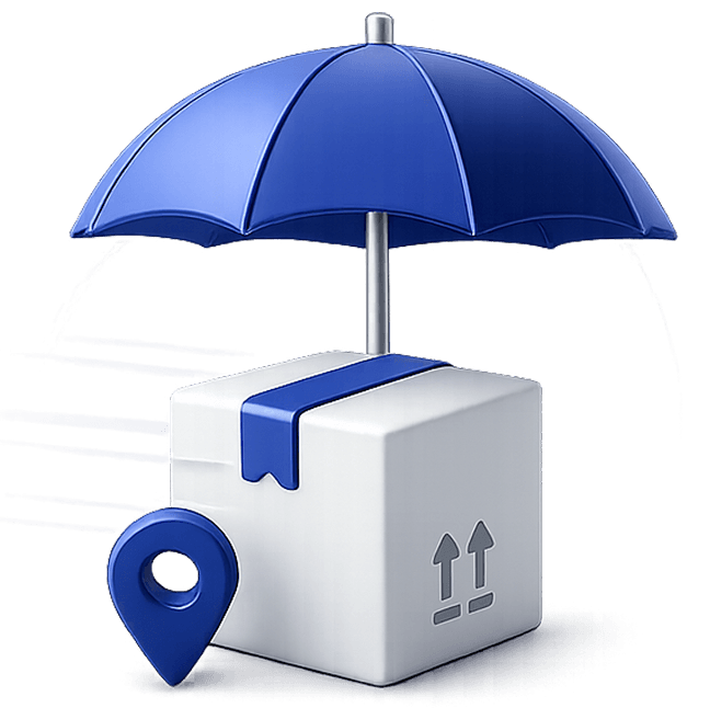 Umbrella and location pin protecting a SNEL Parcel package
