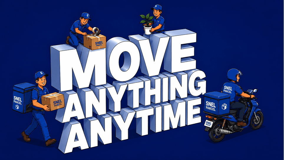 SNEL Parcel team moving boxes around Move Anything Anytime lettering