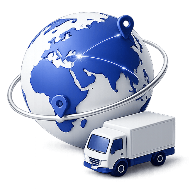 Globe with a SNEL Parcel delivery truck circling it