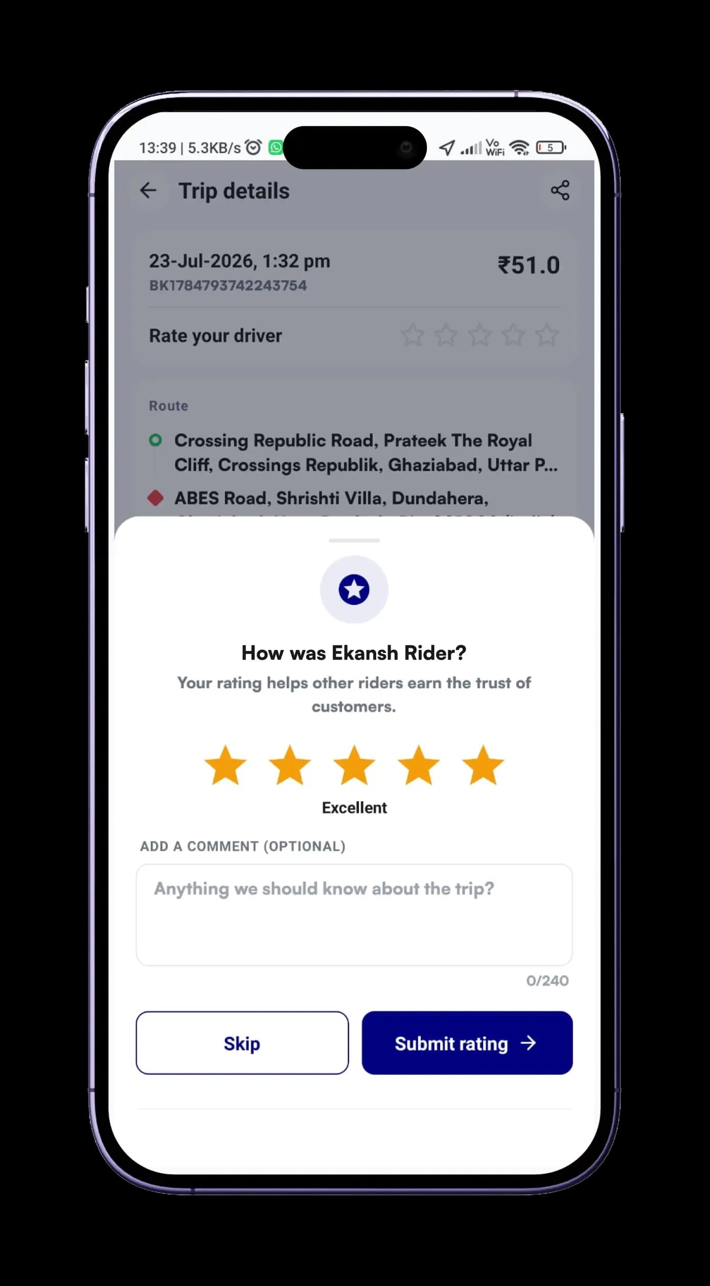 Rate & Review screen