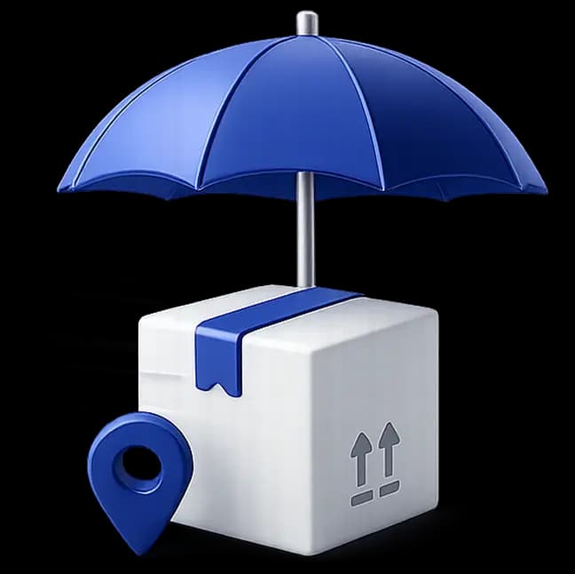 Umbrella and location pin protecting a SNEL Parcel package